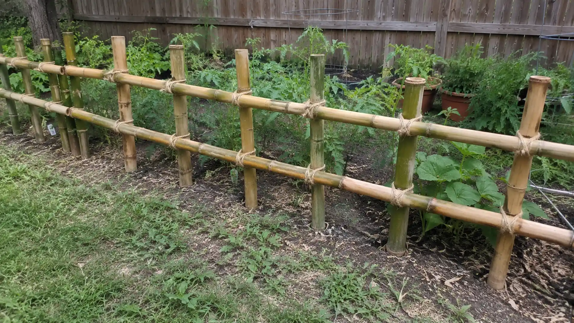 bamboo pole garden fence with tied joints bordering a vegetable patch