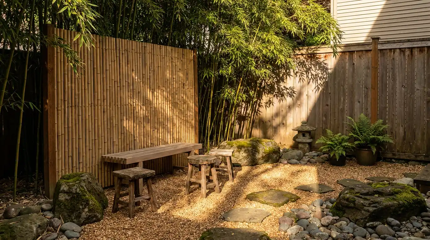 bamboo privacy zen garden ideas with tall screens, simple stones, and a calm backyard seating nook