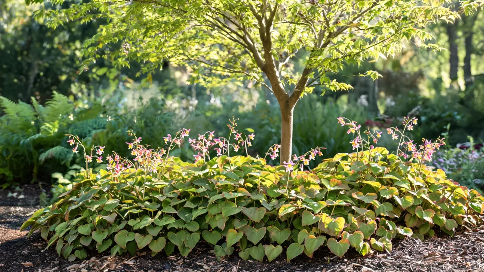 heart shaped barrenwort leaves with small dangling yellow and red spring flowers in a shaded garden bed