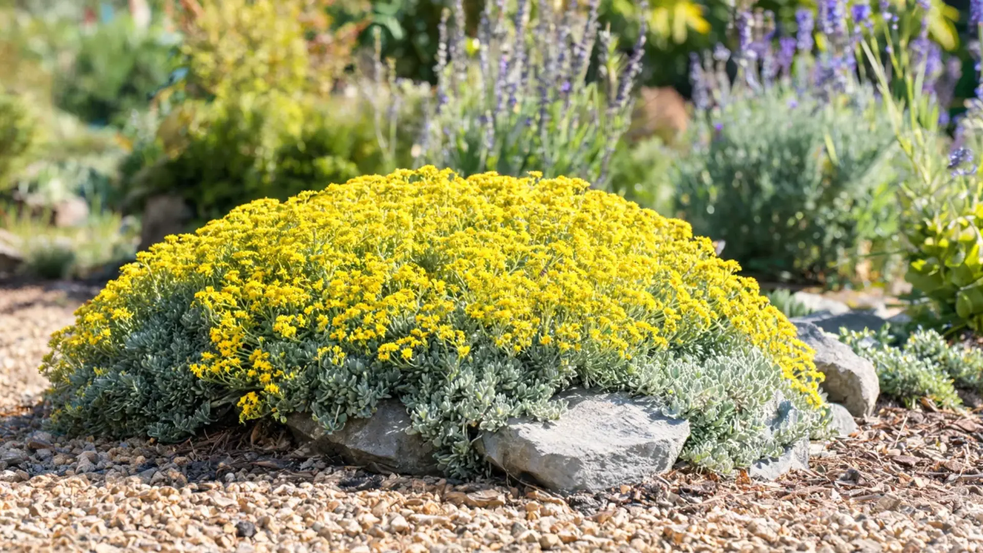 basket of gold plant covered in bright yellow flower clusters spilling over a sunny rocky garden border