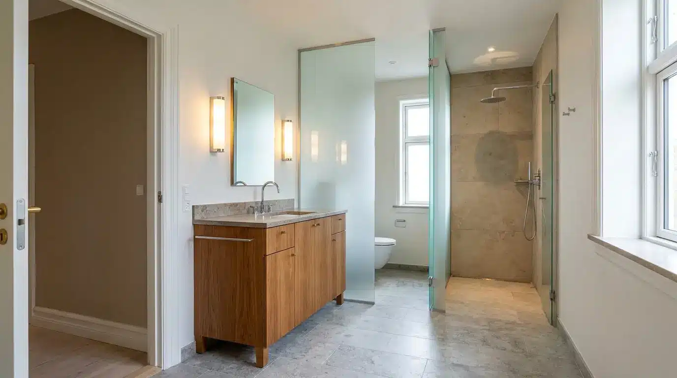 bathroom layout with vanity near entry shower and toilet placed deeper inside room