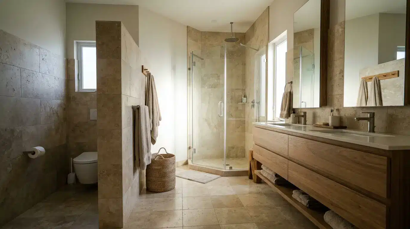 bathroom with private toilet zone behind half wall and vanity shower nearby