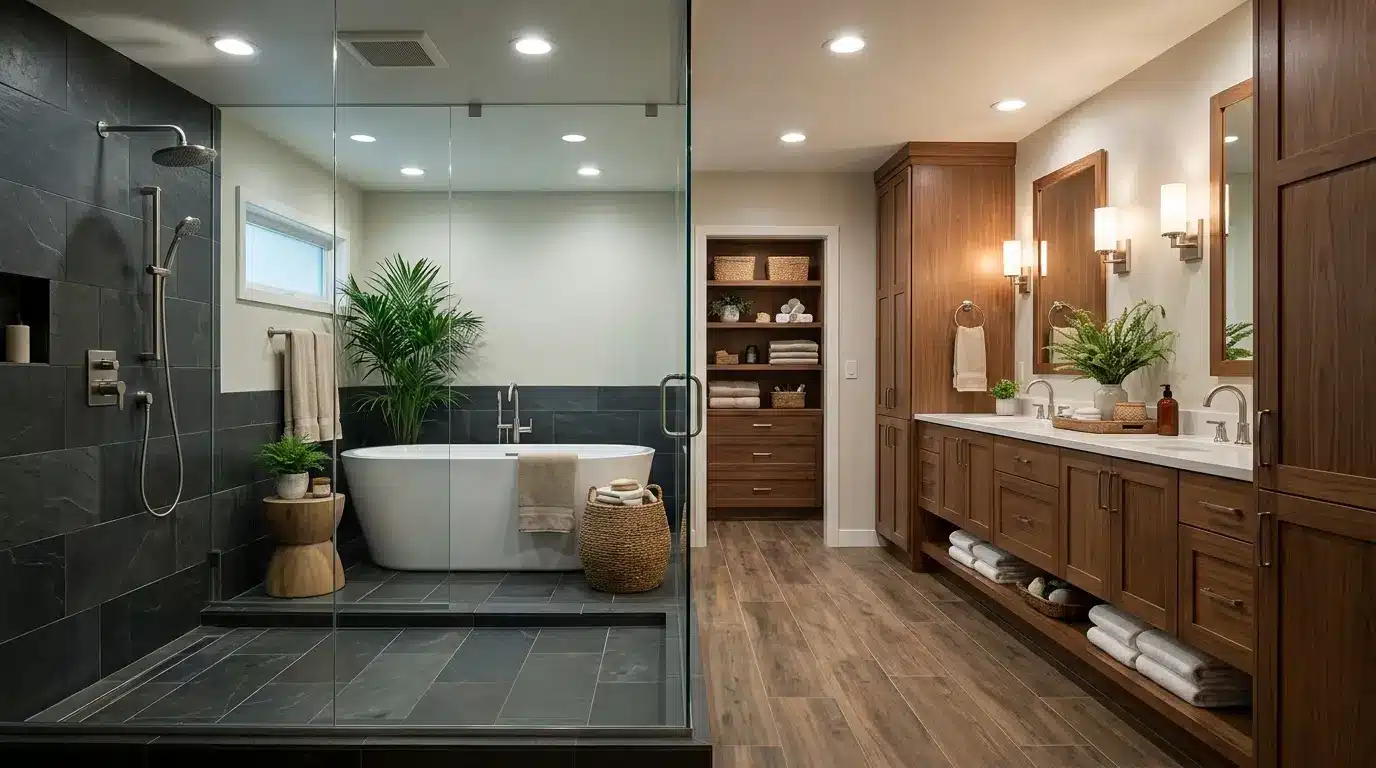 bathroom with wet zone shower and dry vanity area separated for cleaner daily use