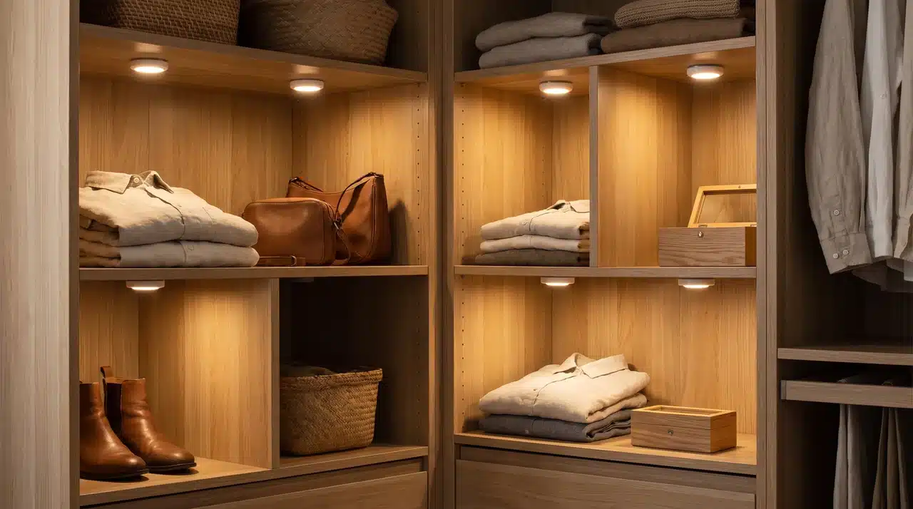 wooden closet cubbies with battery powered puck lights above clothes shoes and bags
