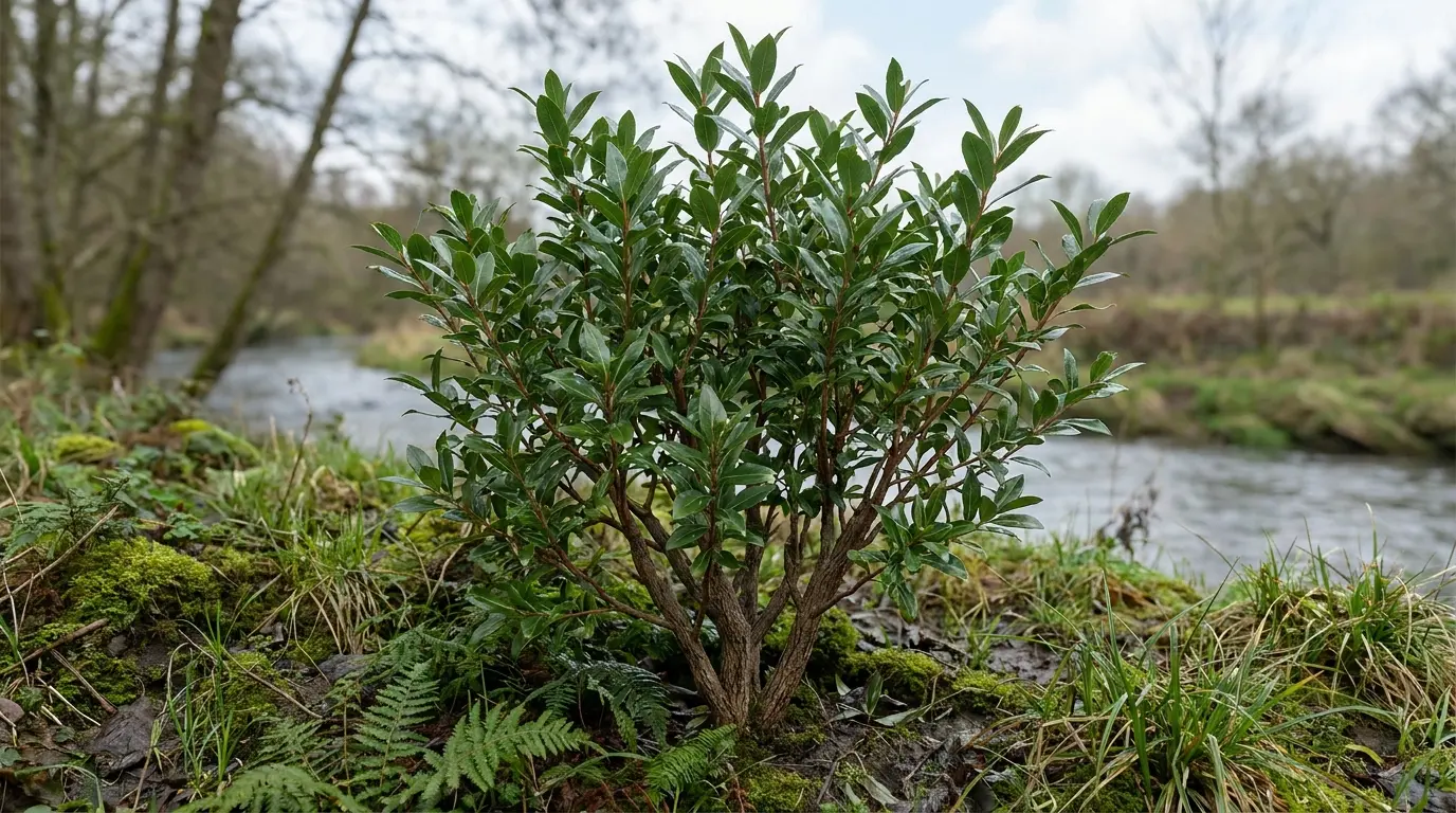 bay willow shrub with glossy dark green leaves growing beside a shaded woodland stream and mossy bank