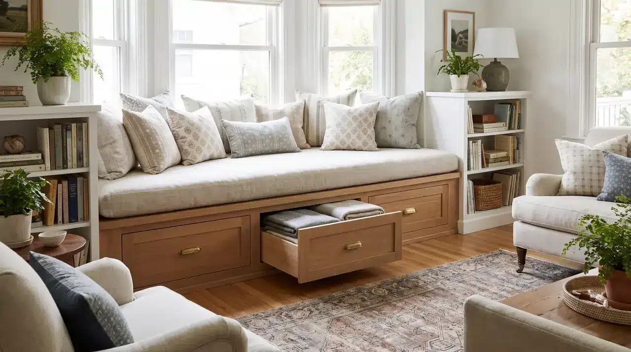 a cozy bay window seat with a cushioned top that lifts up to reveal hidden storage space underneath