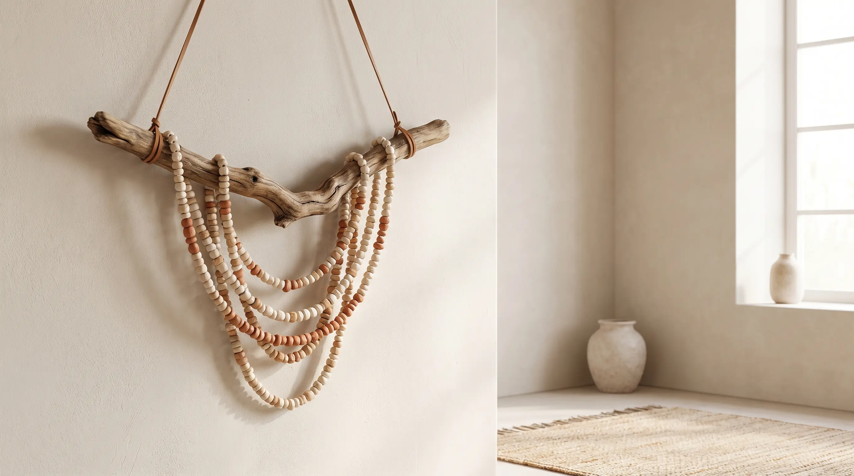 a natural branch strung with beaded cords of different lengths to make a light wall hanging