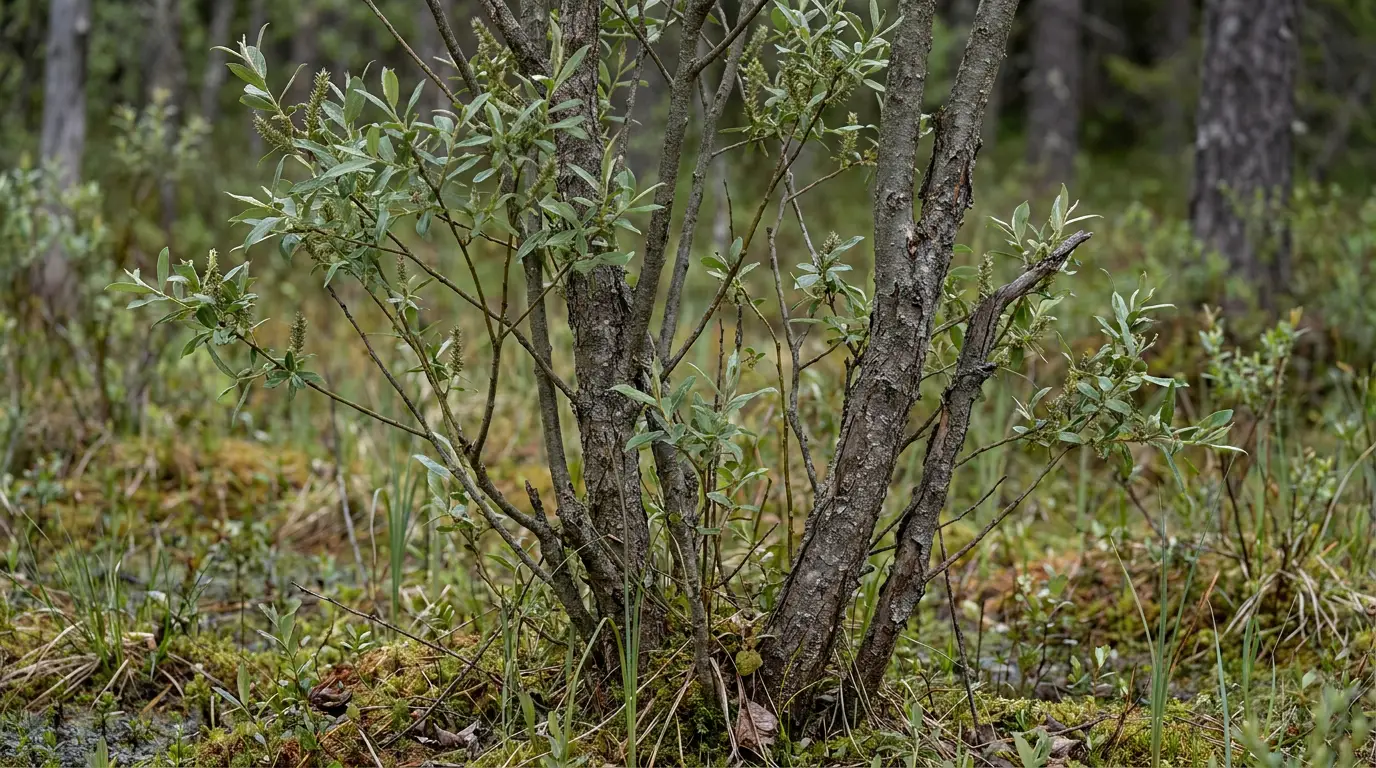 bebb willow growing as a multi stemmed shrub with narrow leaves in a damp northern woodland setting