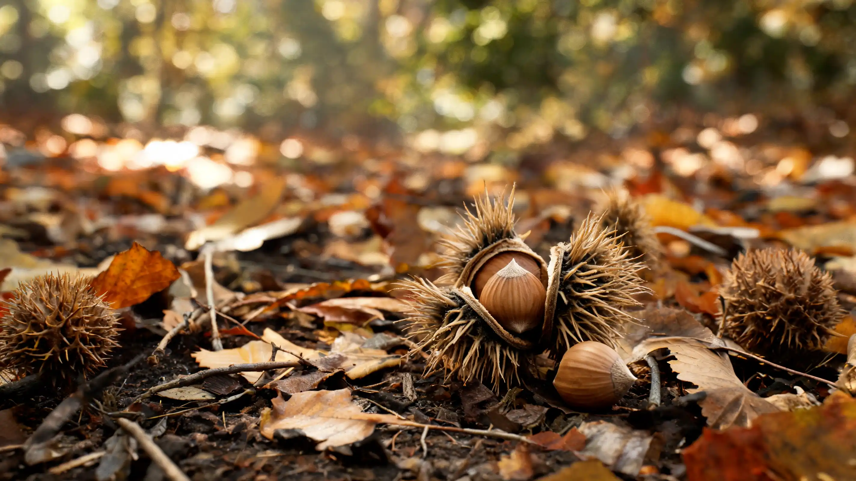 brown beechnuts resting beside open spiny husks among dry autumn leaves on the sunlit forest floor