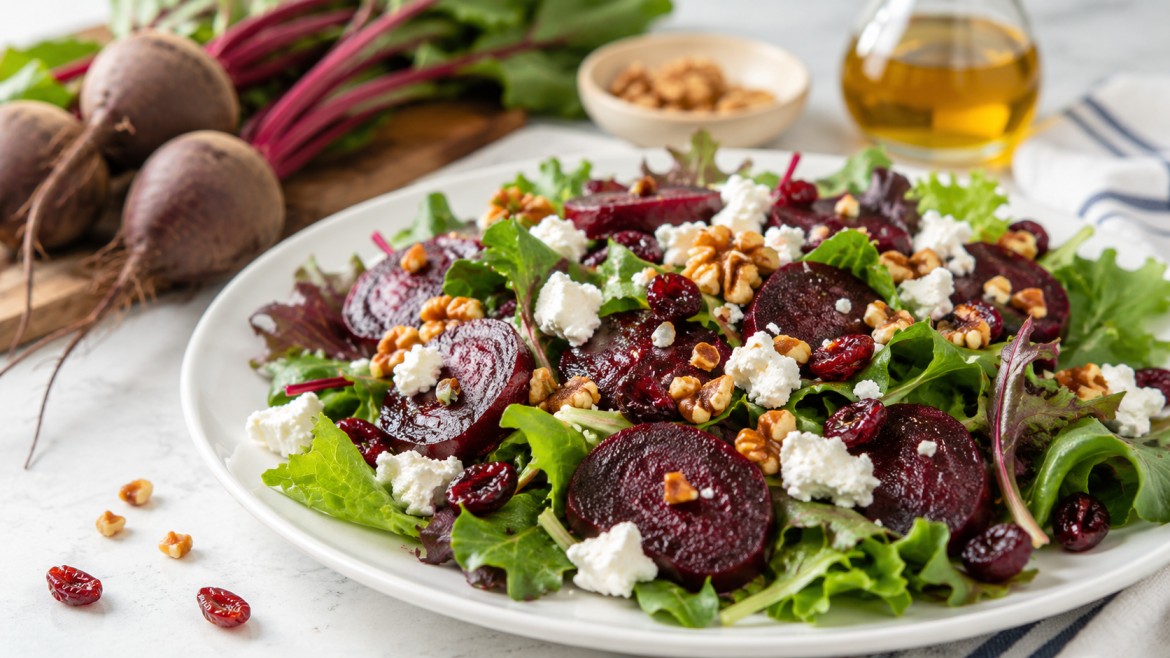 winter vegetables beet salad with greens goat cheese cranberries walnuts and fresh beets on a white plate