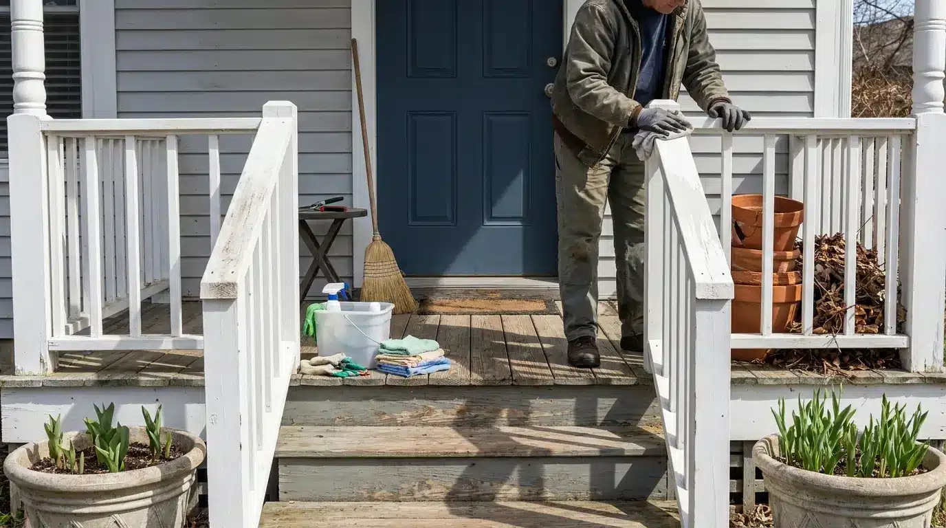 person cleaning porch railings steps and planters during a spring reset