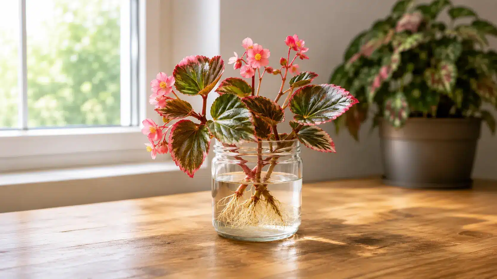 pink flowering begonia cuttings with visible roots growing in a glass jar of water by a sunny window