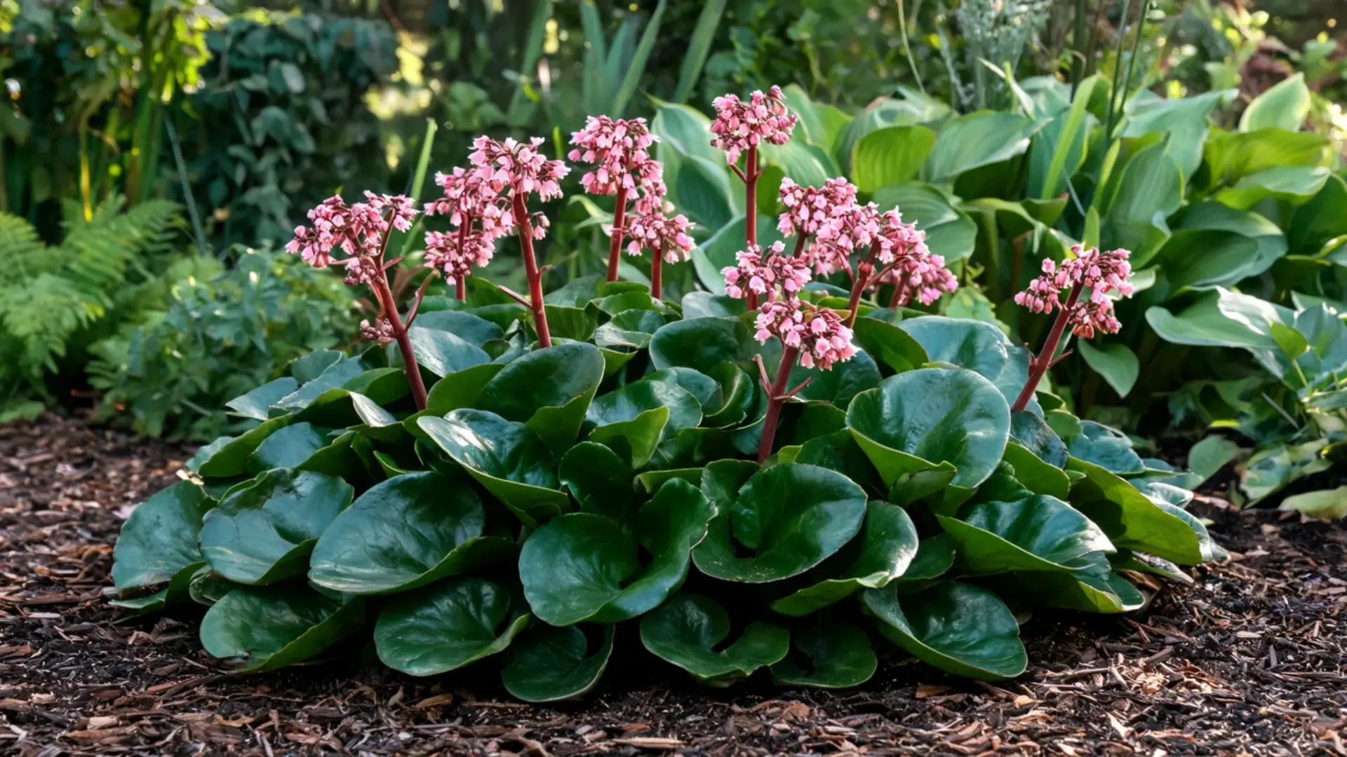 bergenia plant with broad glossy leaves and clusters of pink spring flowers rising above the foliage