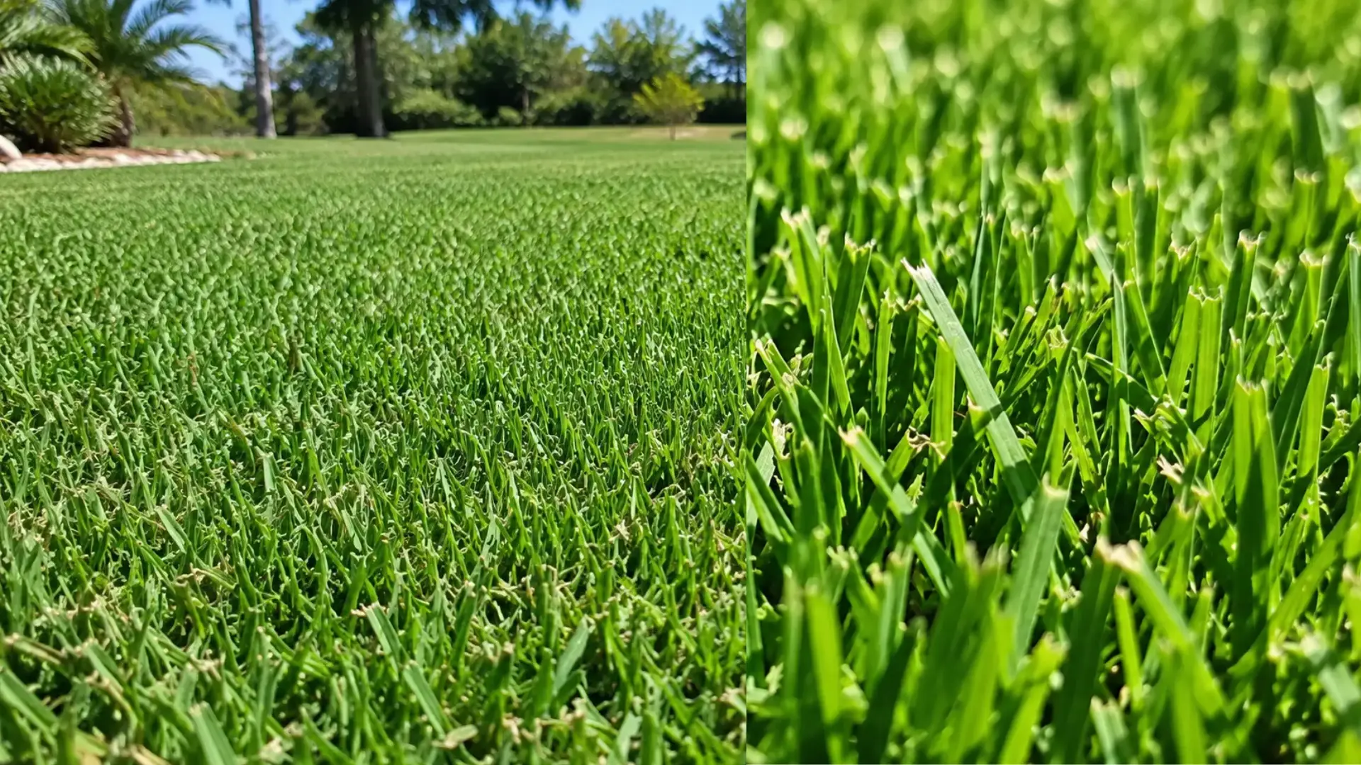 side by side views of a dense green bermudagrass lawn and close up showing short broad blades and cut tips