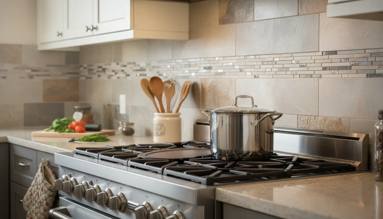 Stainless steel pot on gas stove in modern kitchen with tiled backsplash and wooden utensils