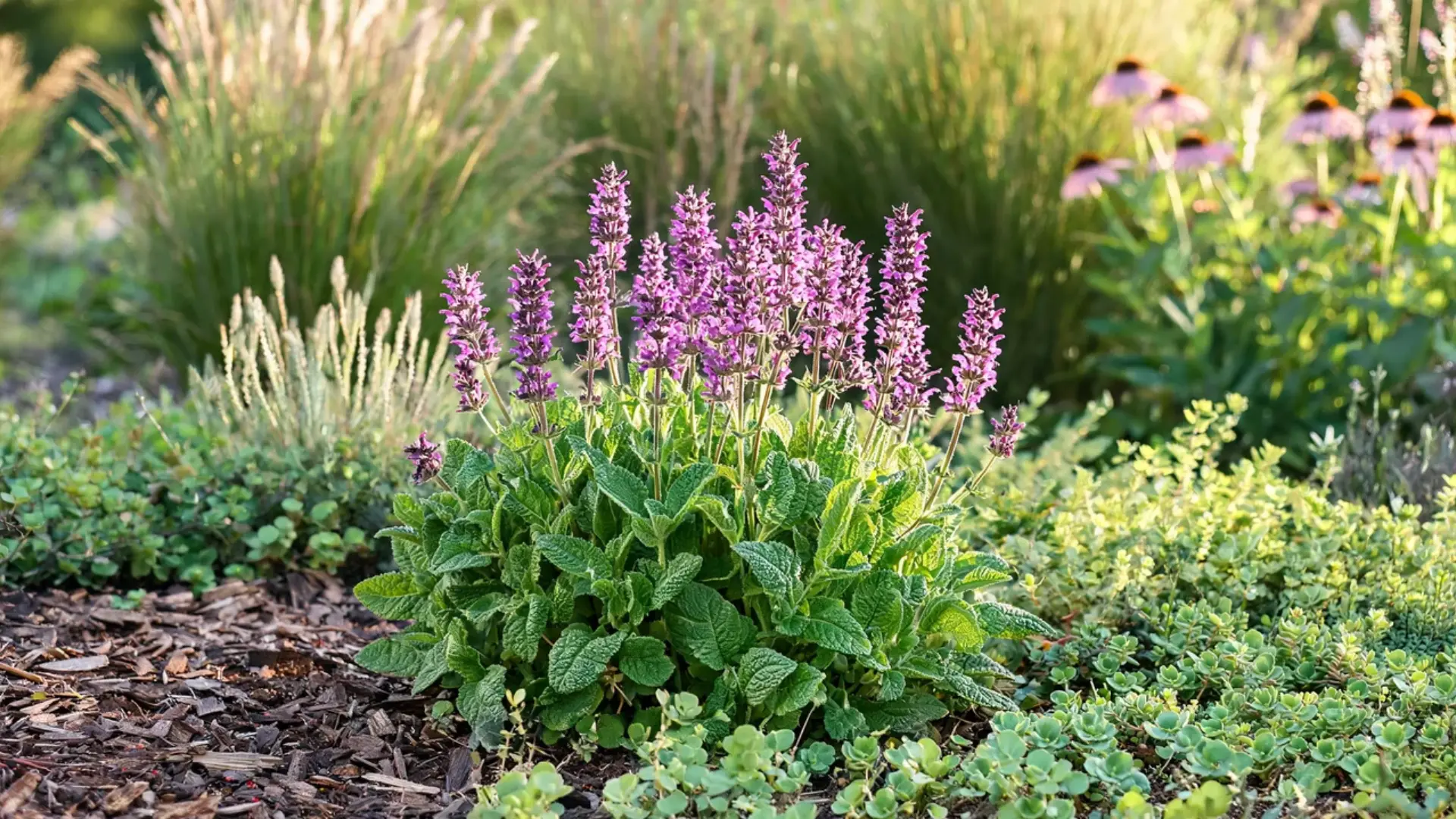 betony plant with tall purple pink flower spikes rising above a low clump of soft fuzzy green foliage
