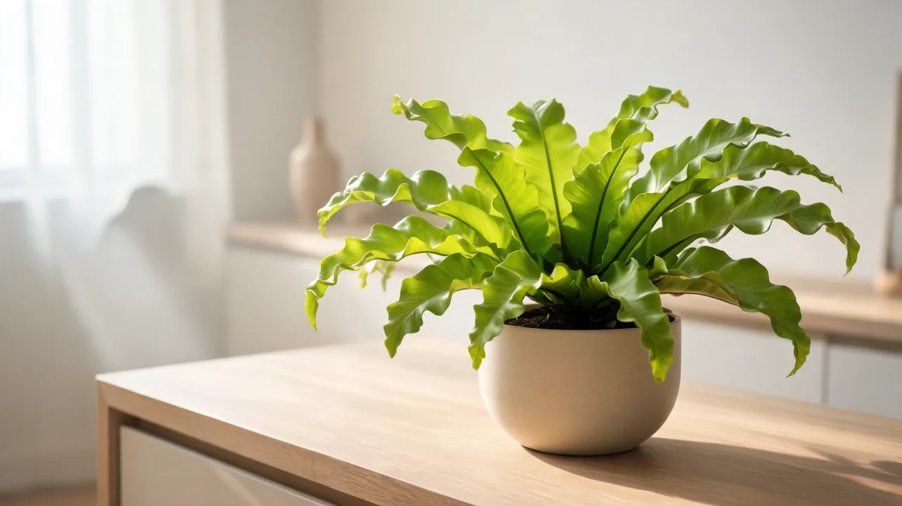 bird's nest fern with wavy green fronds in a cream pot on a wooden dresser near soft window light