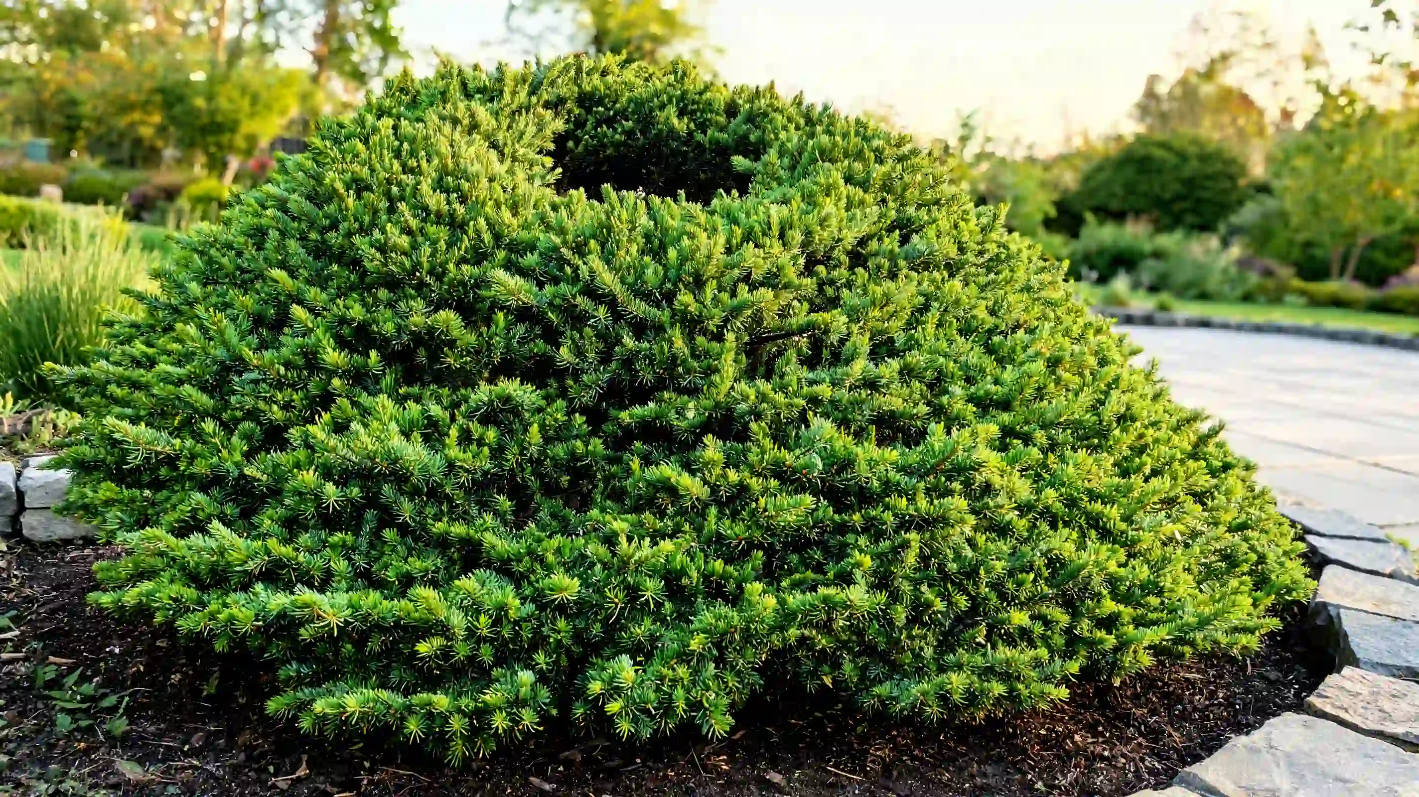 low spreading birds nest spruce with dense green needles and a clear dip in the center of the shrub