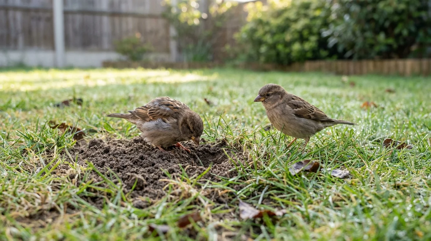 two small birds search a disturbed backyard lawn patch for grubs beside fresh piles of loose soil