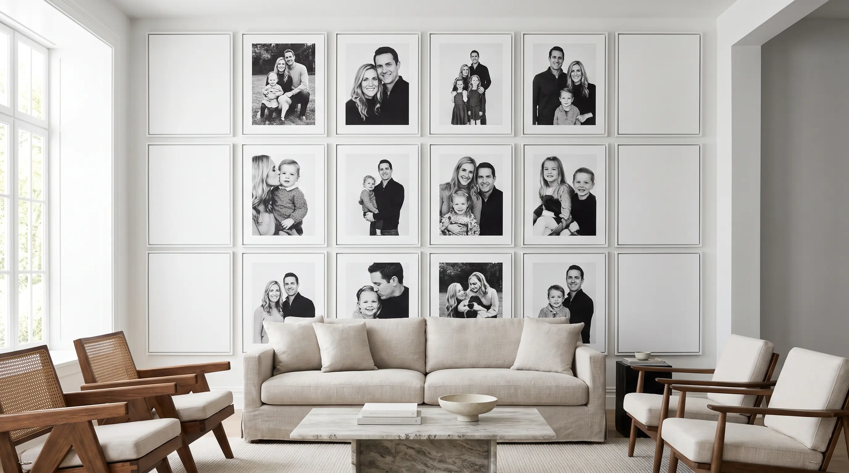 mixed black and white photo prints taped onto the wall in a variety of different sizes and shapes