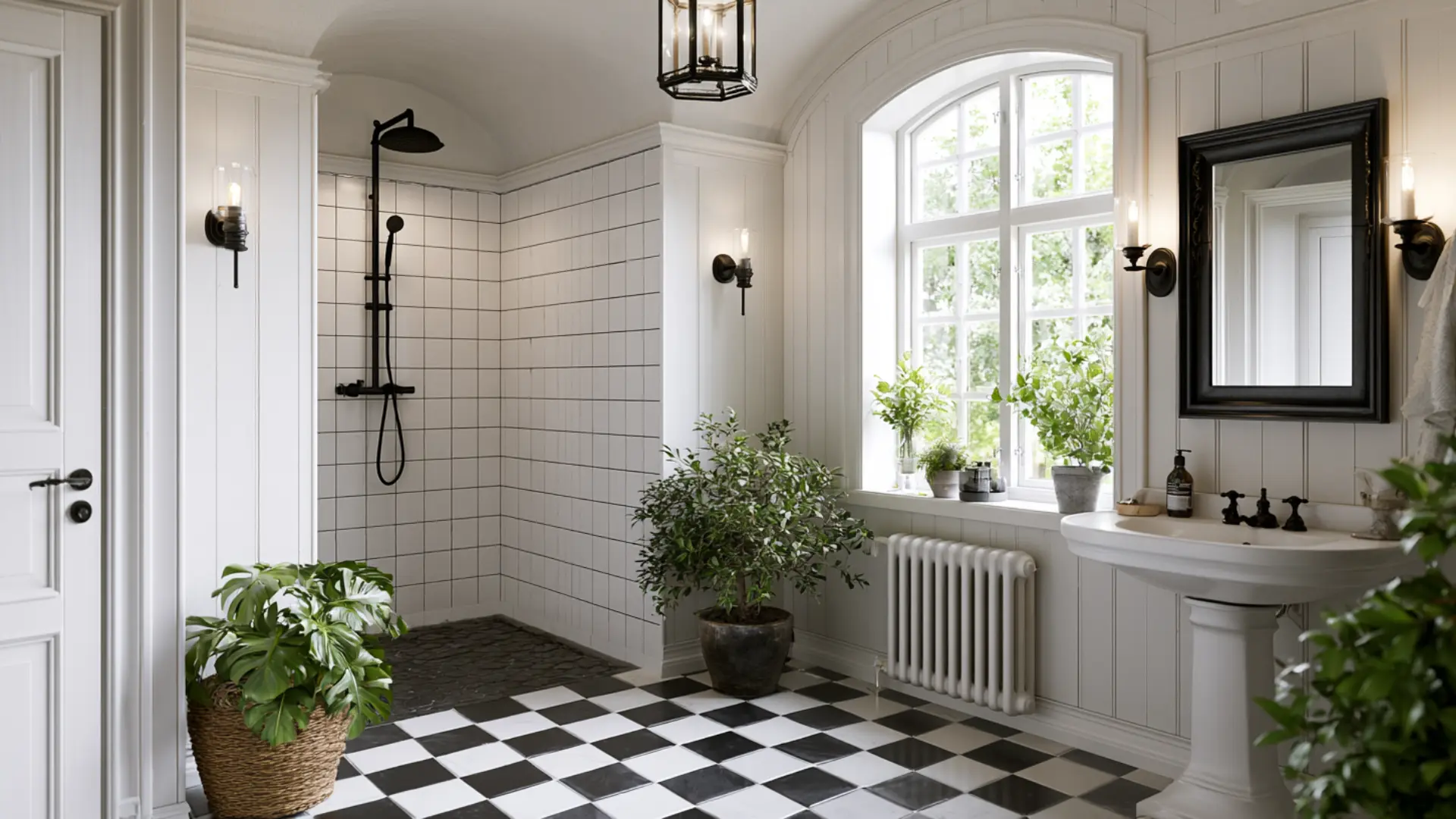 black and white bathroom shower conversion with dark fixtures and contrasting tiles