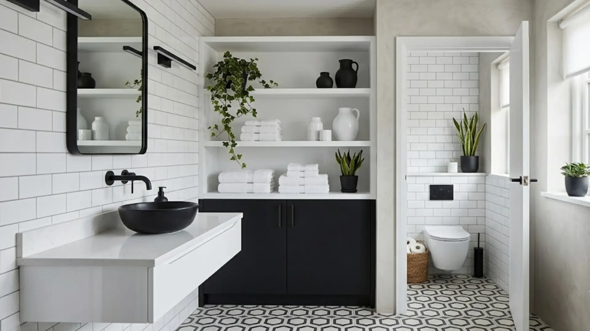 black and white water closet with bold tiles, matte fixtures, and modern monochrome style