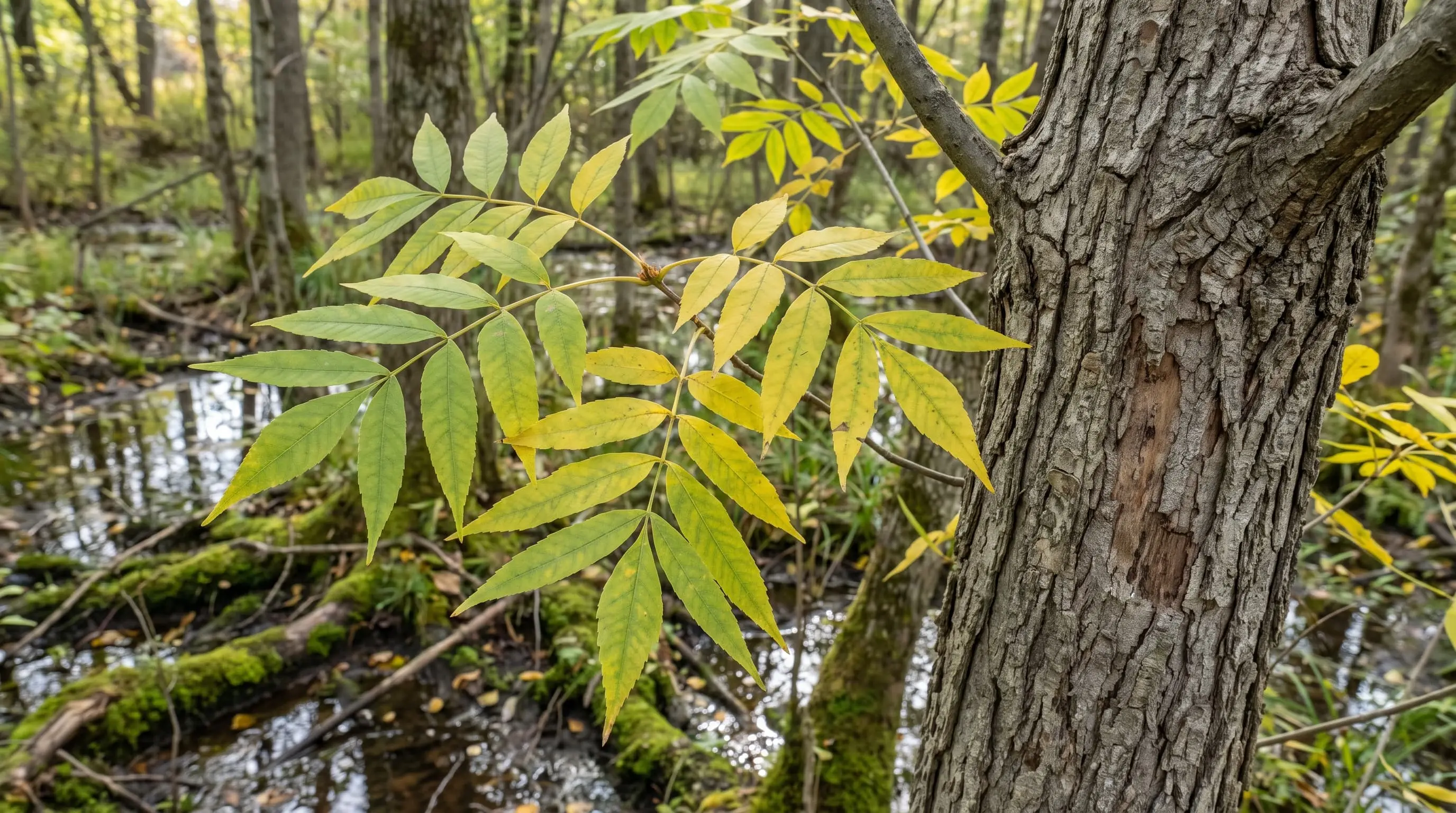 close up of a black ash tree branch and dark ridged bark growing near a wet swampy woodland area
