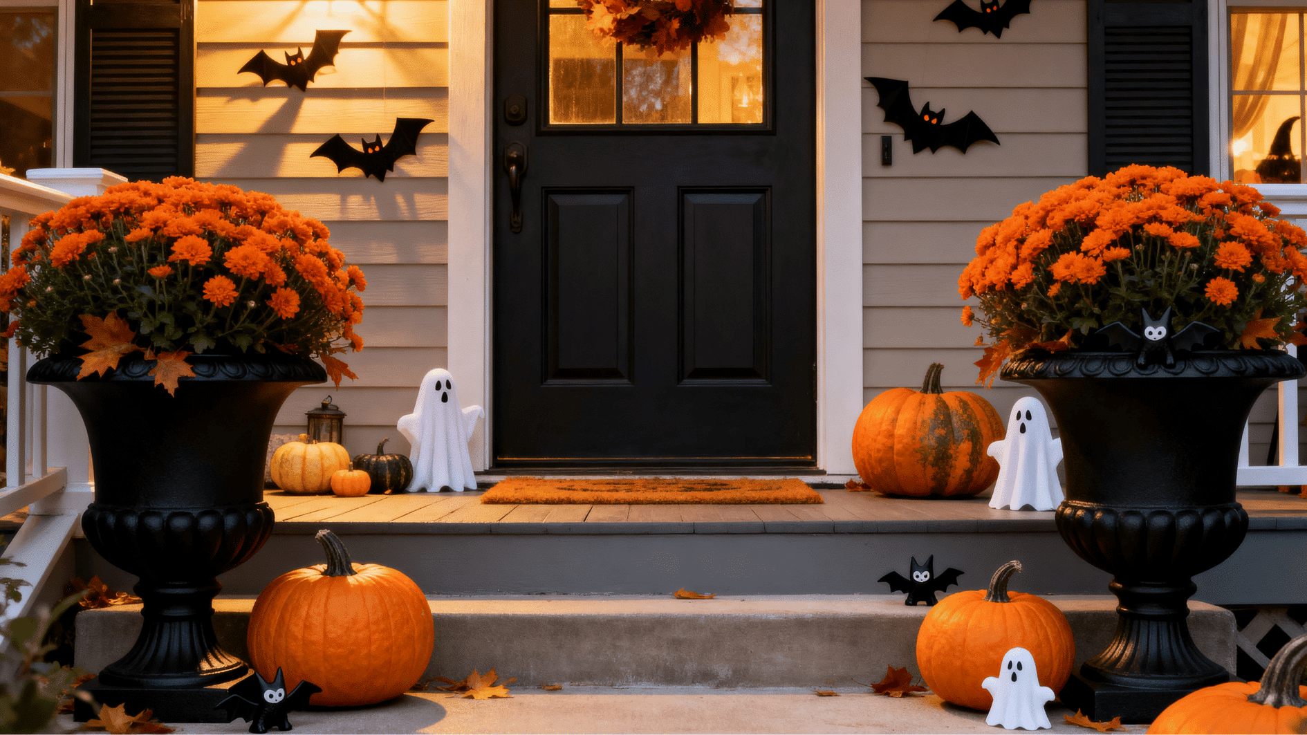black halloween porch planters with orange mums, pumpkins, bats, and ghost decorations in cozy lighting.