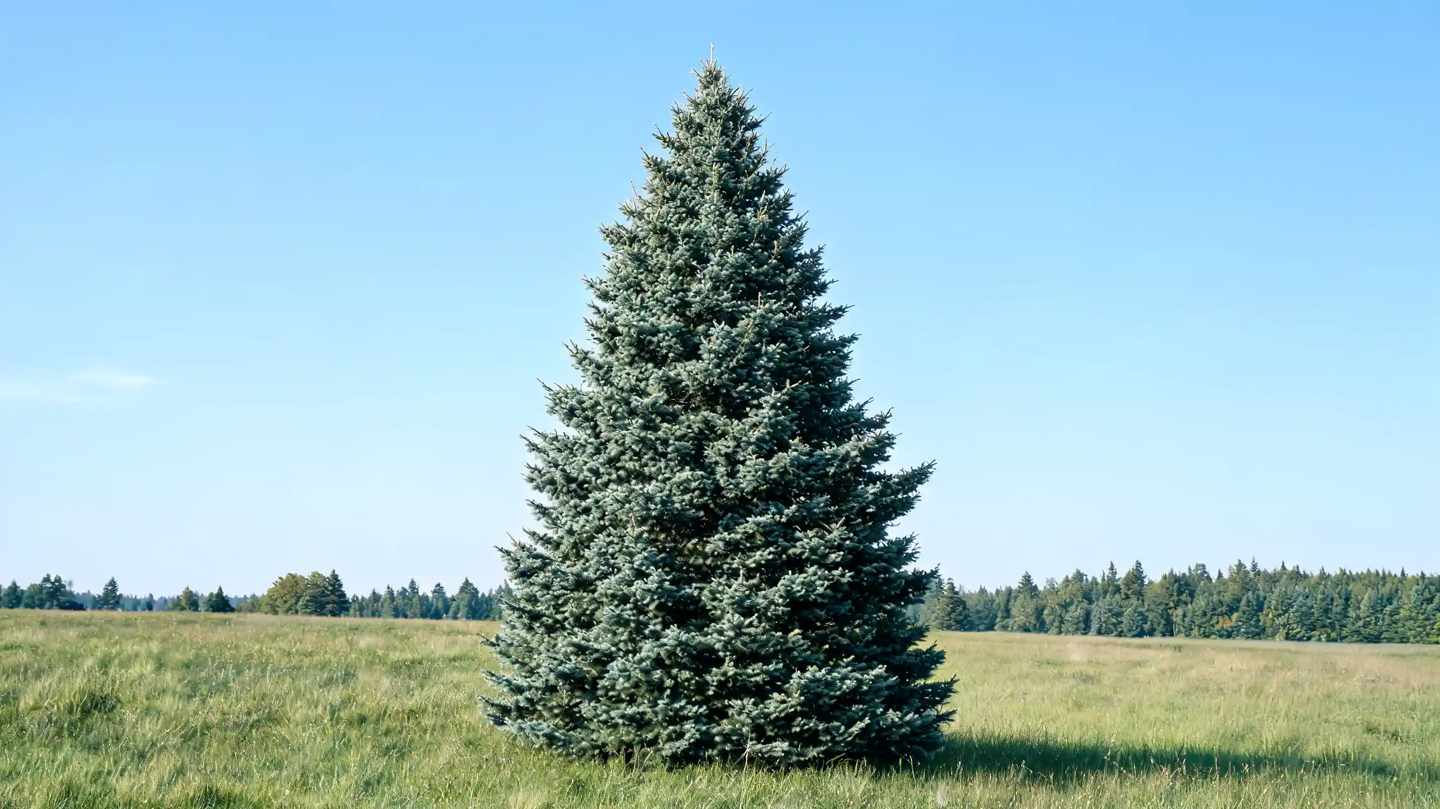 dense black hills spruce with soft gray green needles and a classic cone shape in open grass