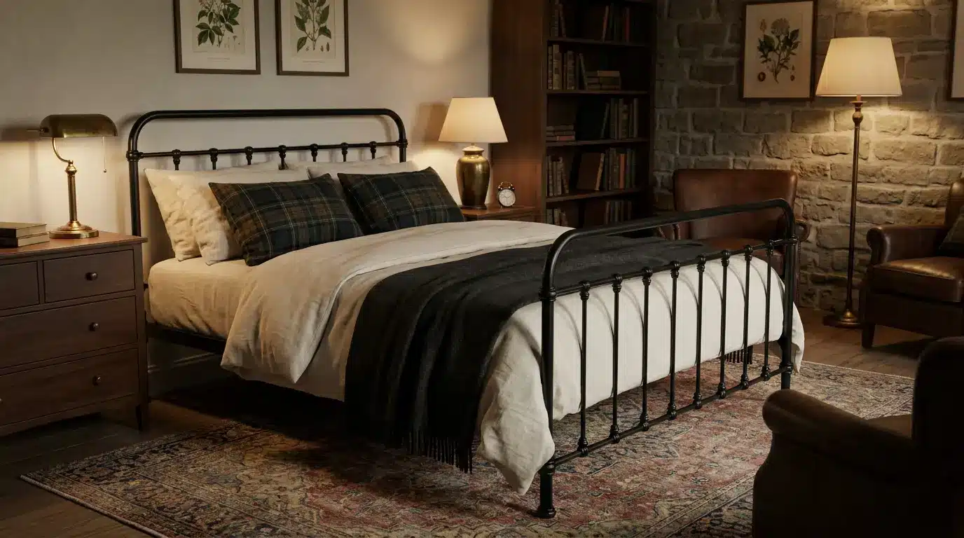 black iron bed with cream bedding plaid pillows dark throw and faded rug underneath