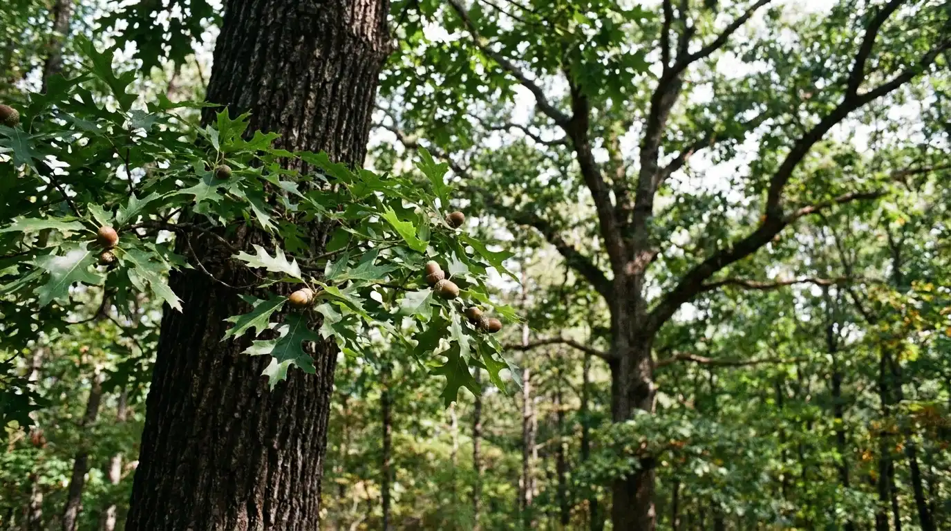 black oak tree with dark bark sharp leaves and acorns