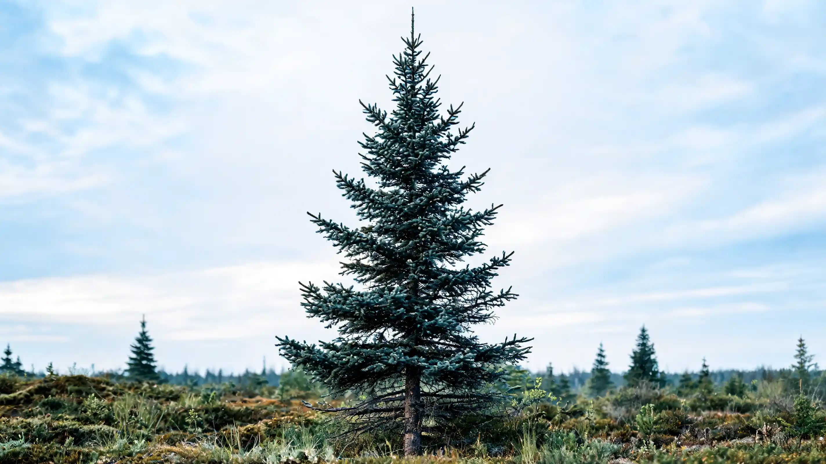 slender black spruce with a narrow uneven crown growing in a cold wet northern bog with moss
