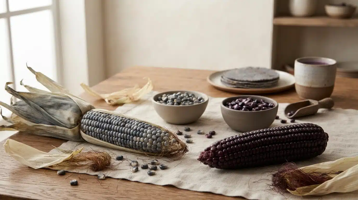 blue and purple corn ears with matching kernels in bowls beside tortillas on a warm wooden kitchen table