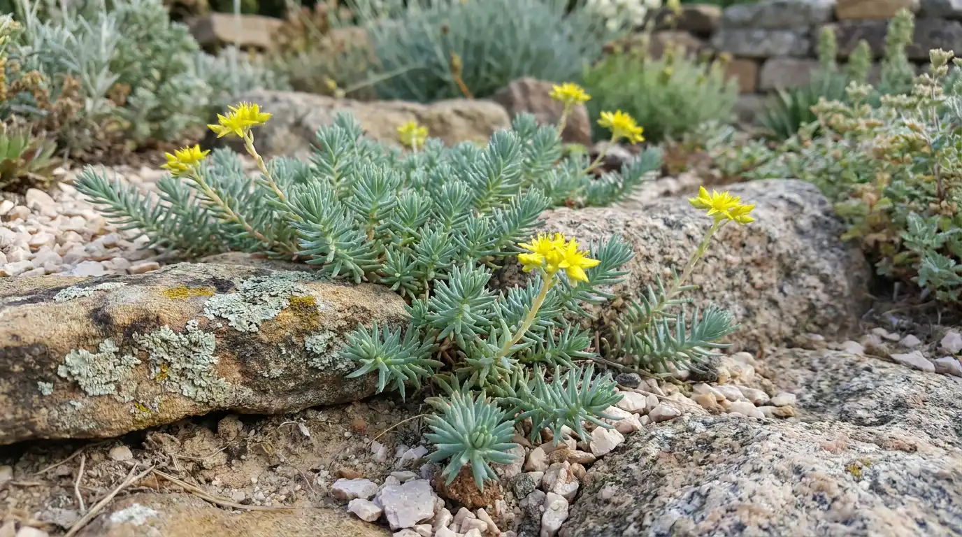 blue spruce sedum with blue-green foliage and small yellow flowers growing among rocks and gravel