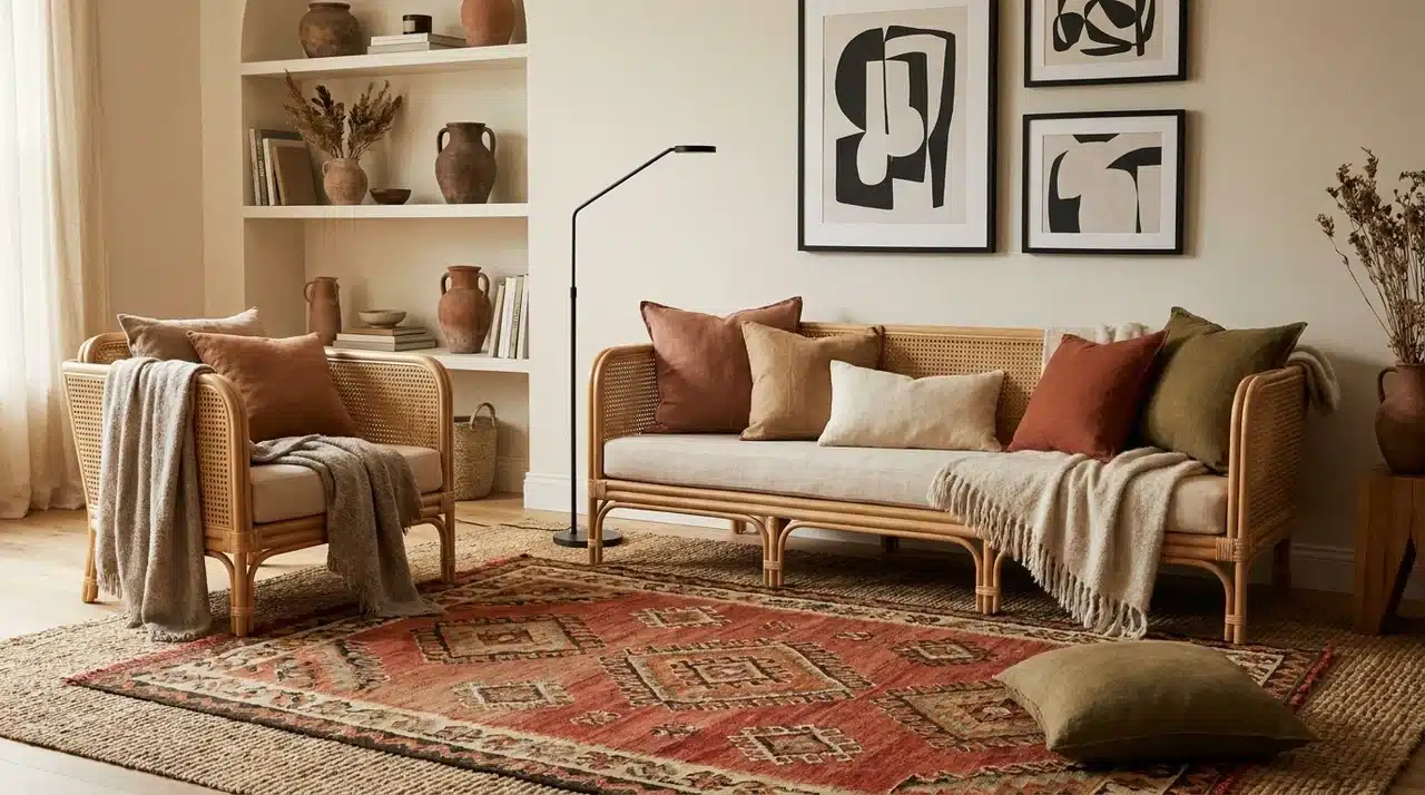 boho textiles with black frames in a relaxed eclectic living room