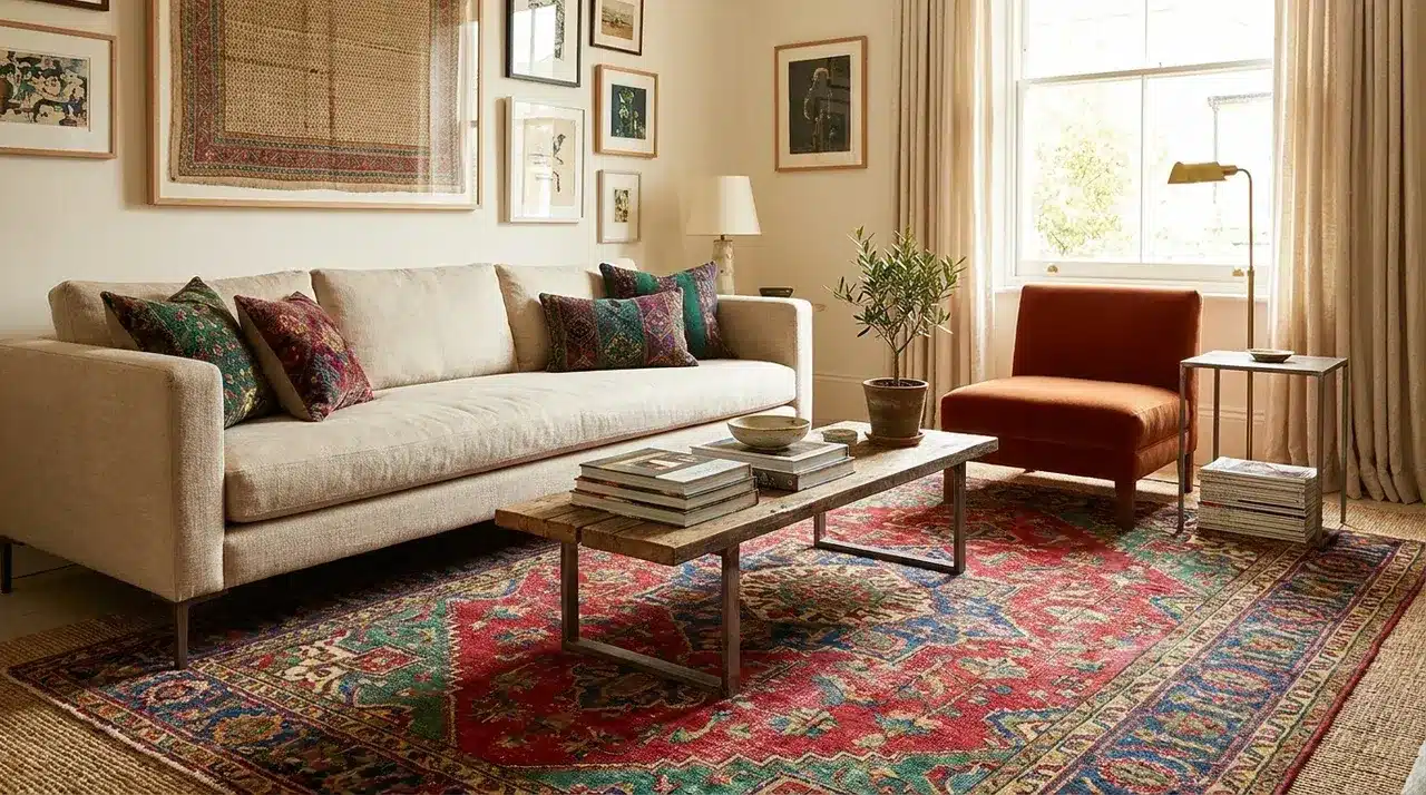 bold patterned rug under simple furniture in a stylish eclectic living room with warm layered decor