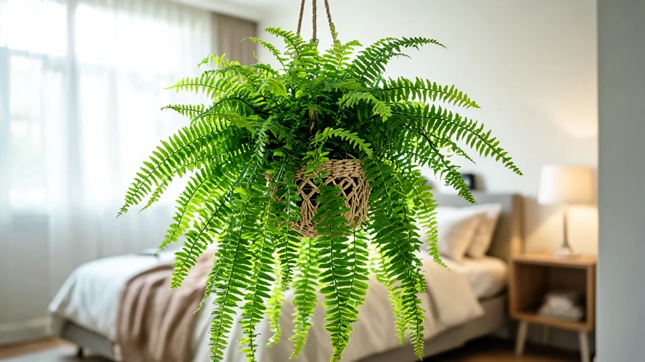 boston fern with long feathery arching fronds in a woven hanging basket in a cozy bedroom