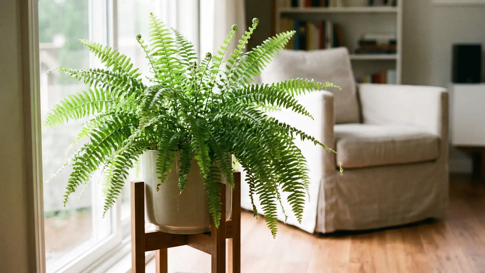 lush boston fern with arching green fronds on a wooden stand beside a bright living room window