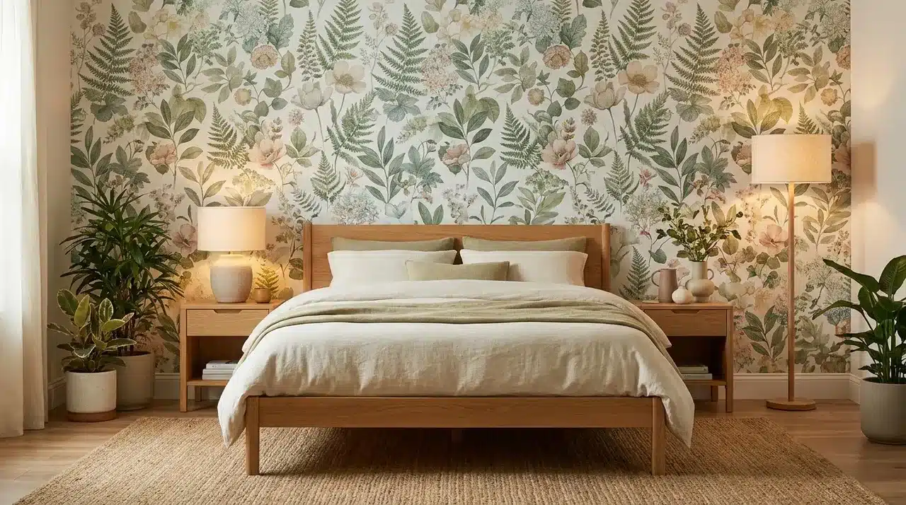 botanical wallpaper with oak bed in a nature led eclectic bedroom