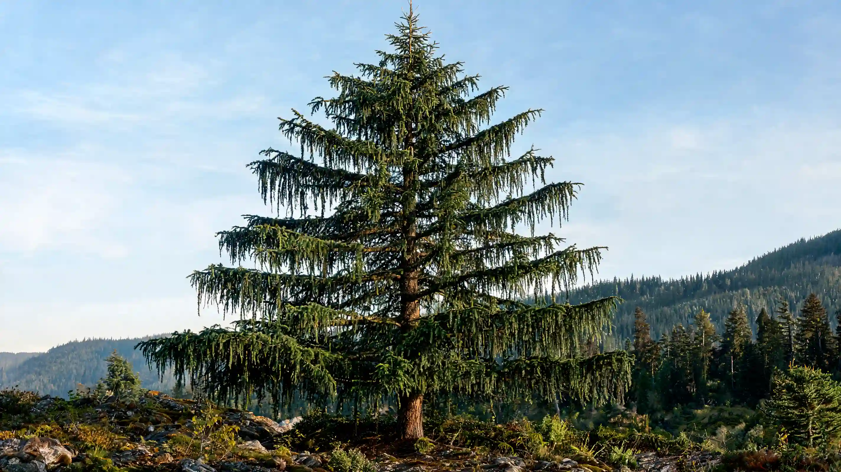 mature brewer spruce with long hanging branchlets forming soft green curtains in a mountain clearing