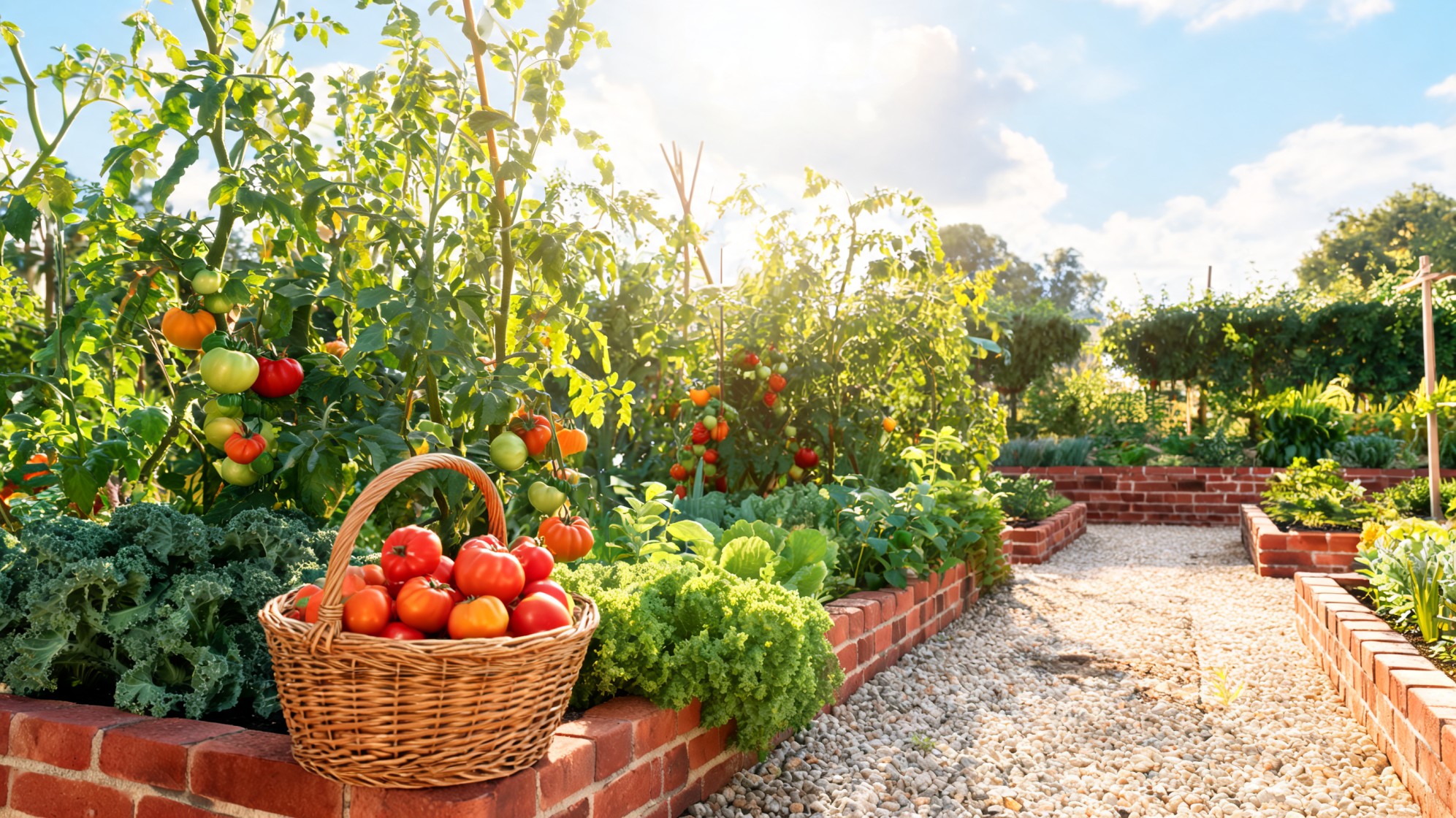 edible landscape with brick raised beds tomato vines leafy greens gravel path and basket of fresh tomatoes