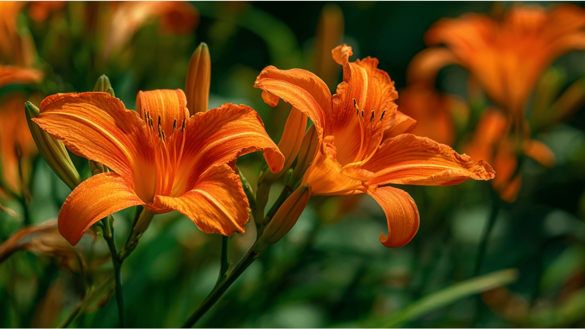 bright orange daylily flowers in full bloom along a sunny garden border