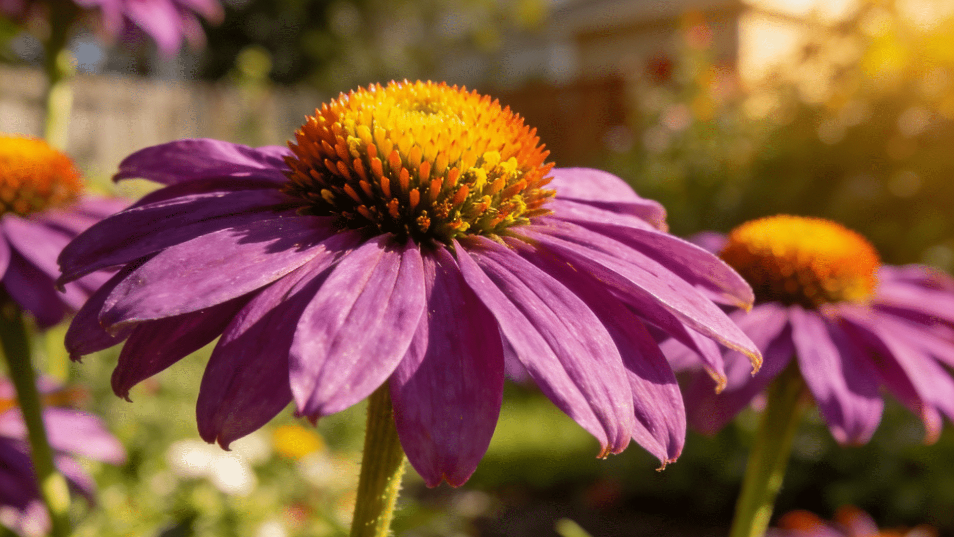 _bright purple coneflowers with orange centers in full bloom in a sunny garden
