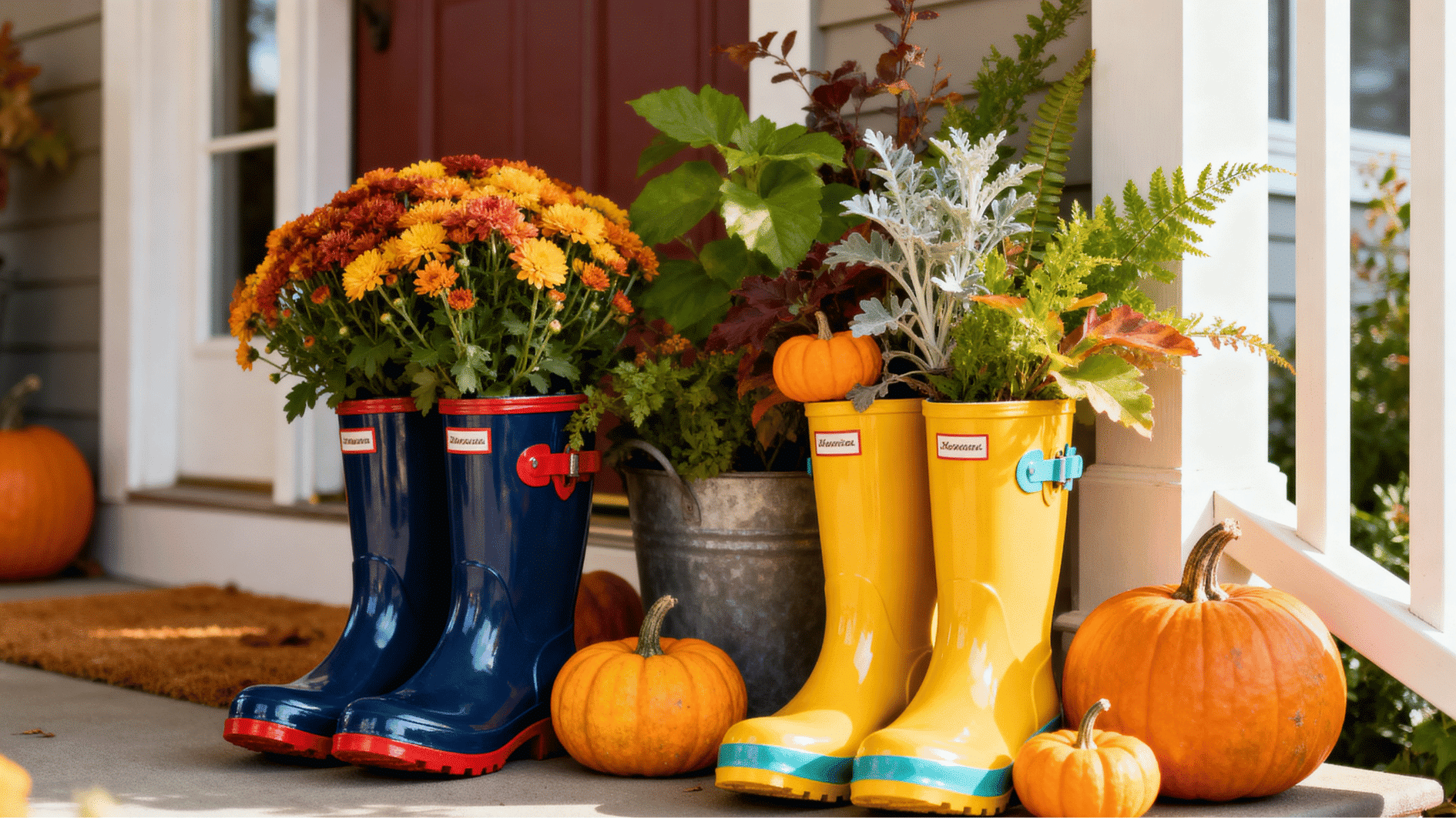 bright rain boots used as fall planters with mums, pumpkins, and greenery decorating a cheerful front porch. (1)