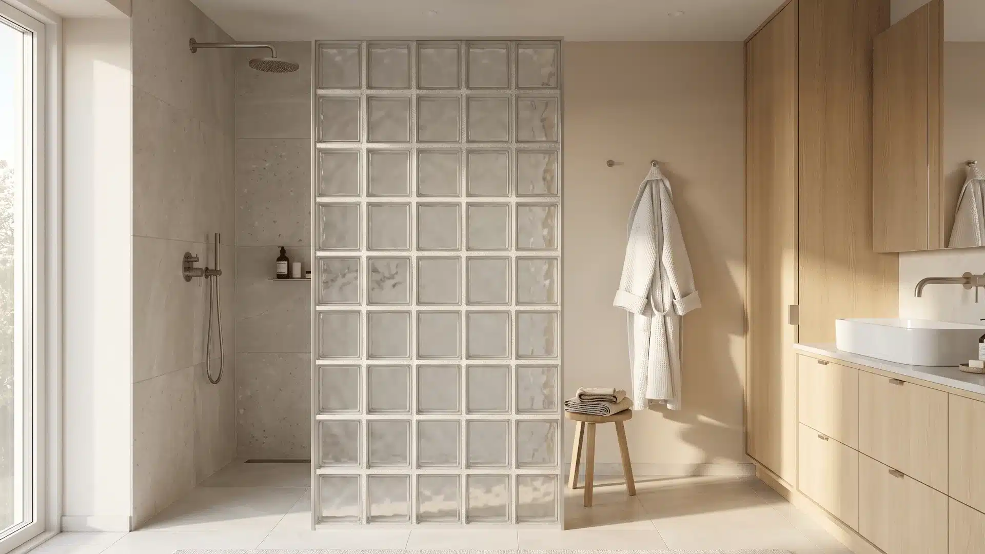 doorless shower with glass-block divider and pale oak cabinets