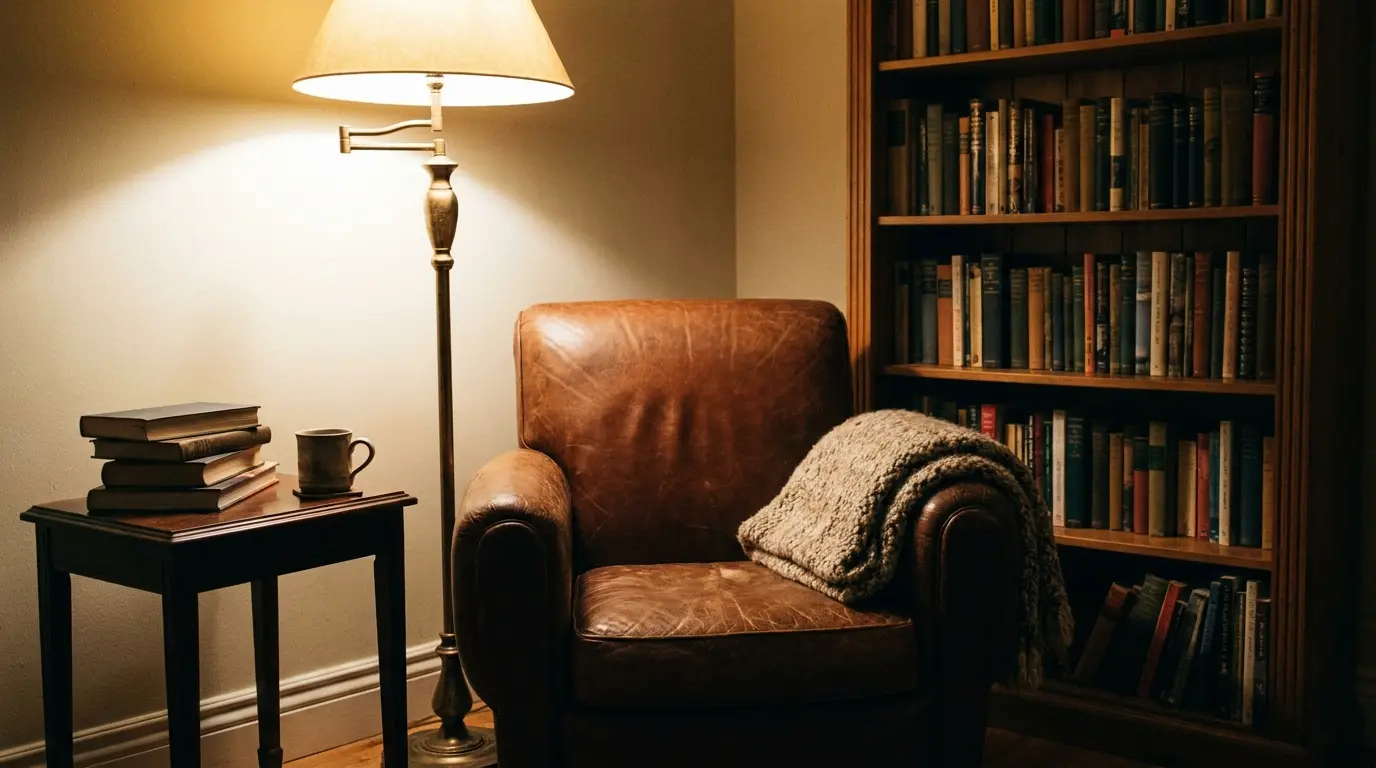 brown leather reading chair beside a warm floor lamp bookshelf wool throw and dark wood table