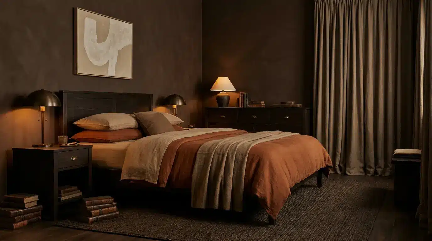 brown monochrome bedroom with espresso furniture tan bedding rust pillows and amber light