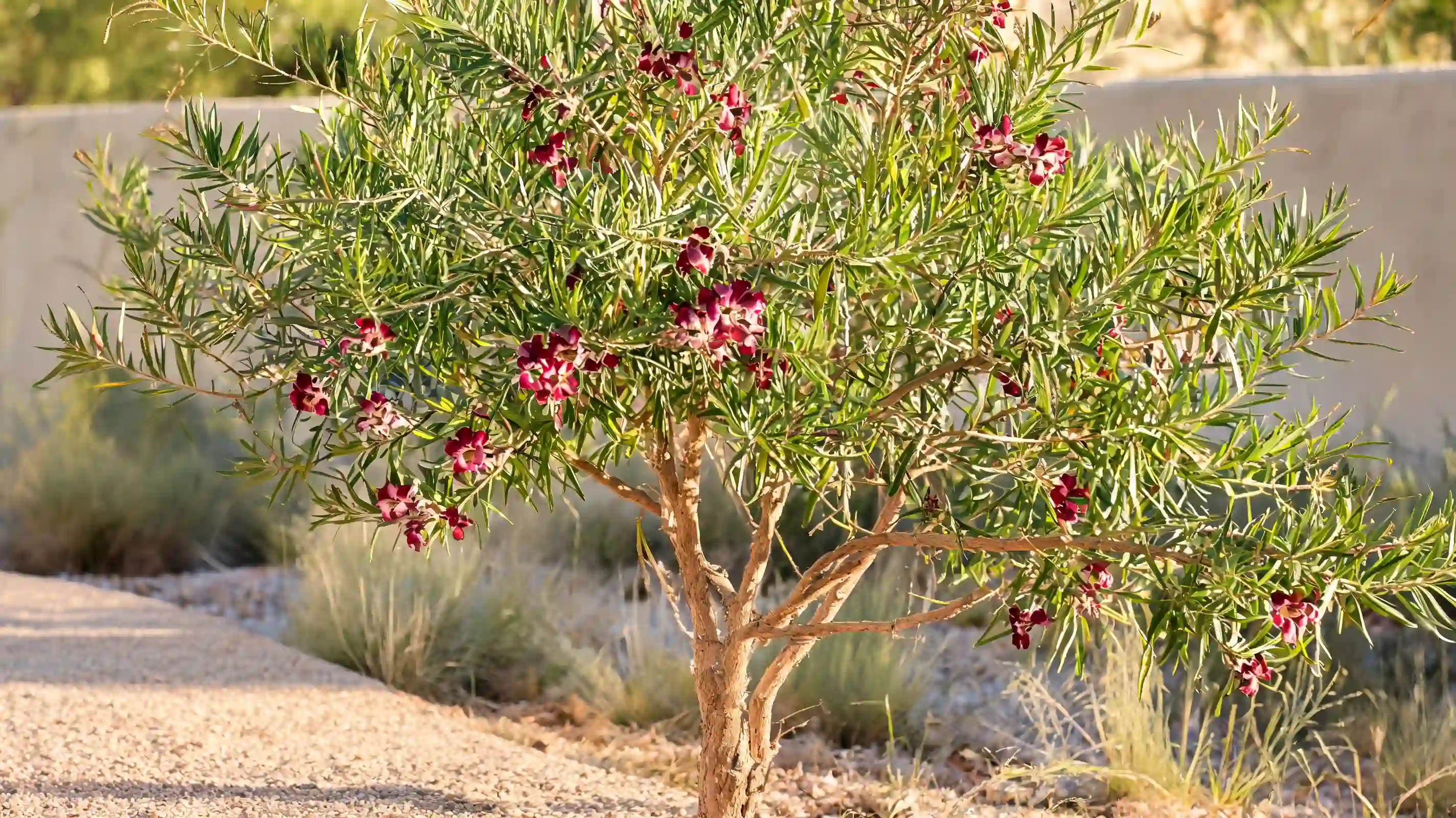 bubba desert willow with narrow green leaves abundant trumpet flowers and very few seedpods
