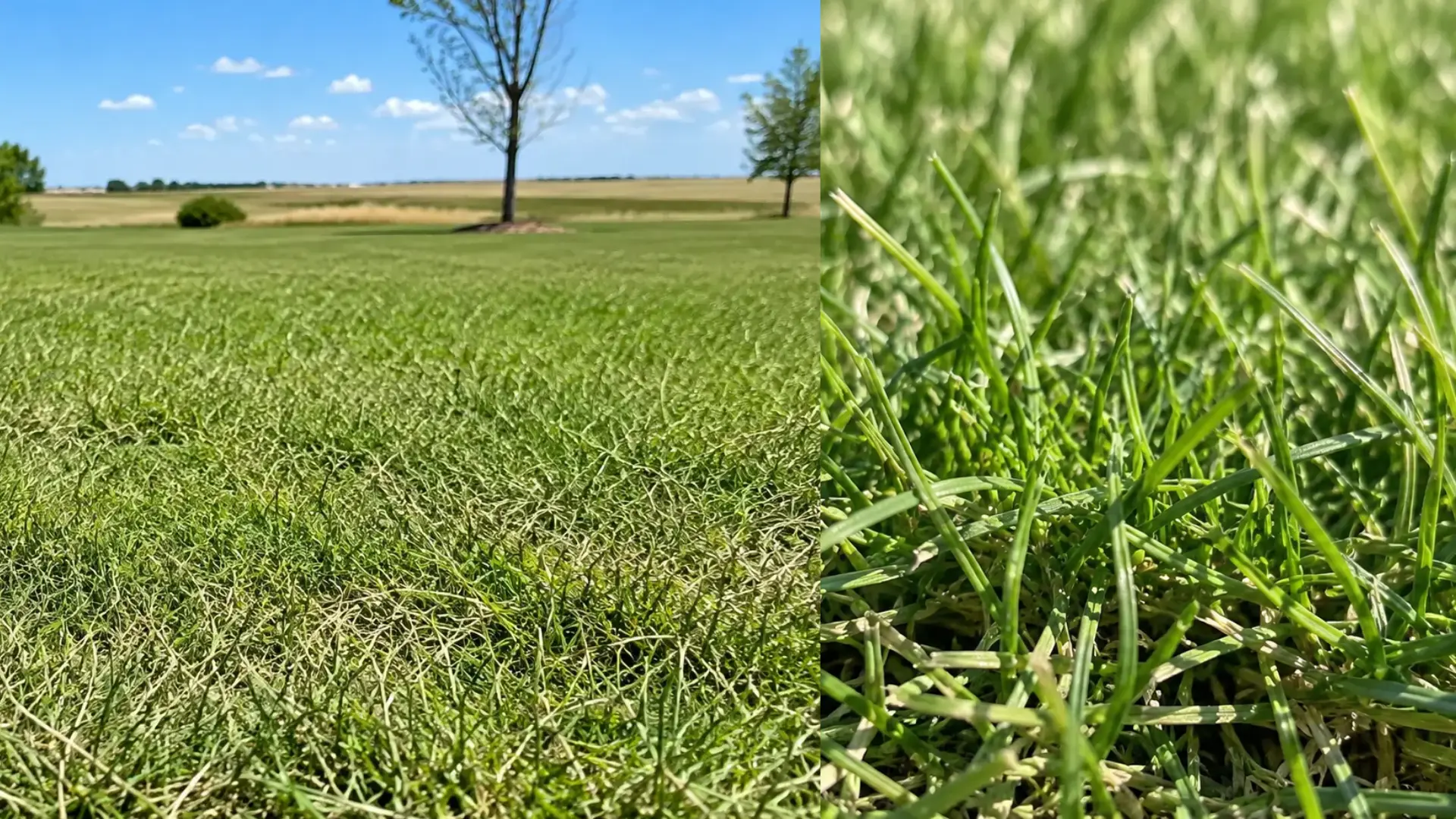 side by side views of a buffalograss lawn and close up showing fine green blades and dense texture