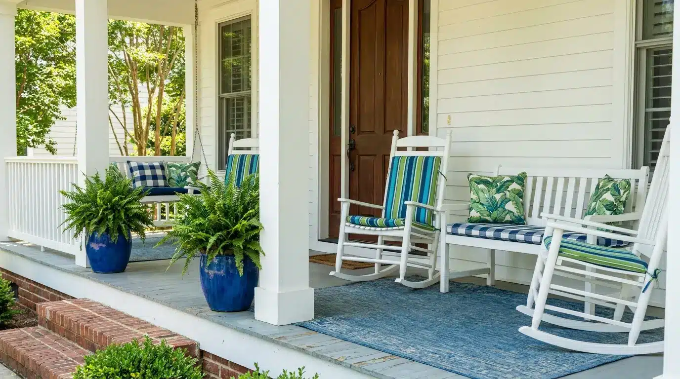 white porch with blue green cushions rocking chairs ferns and blue rug